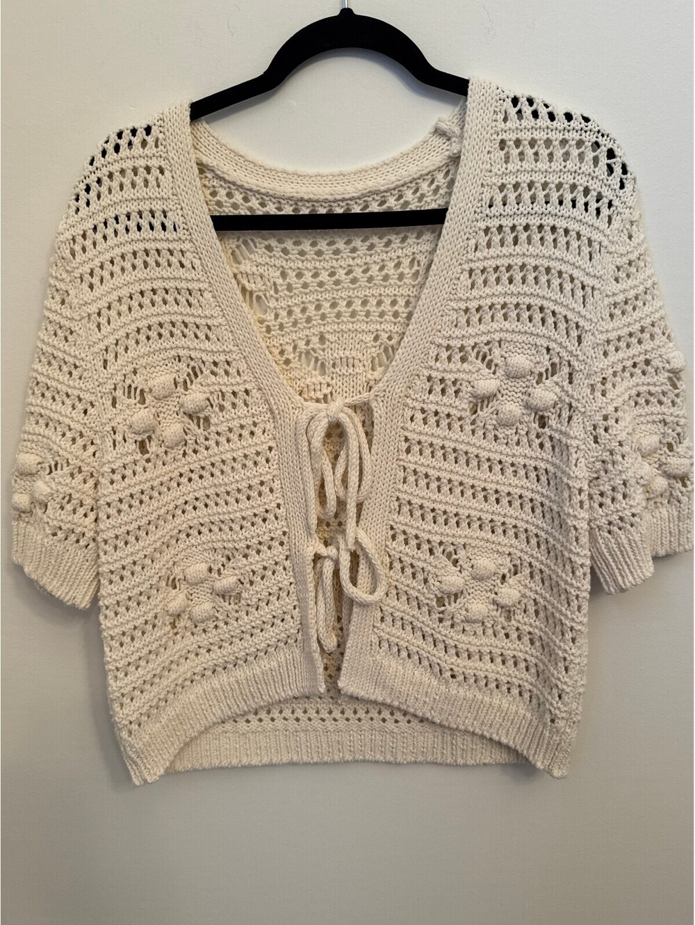 Cream crochet tie-front cardigan